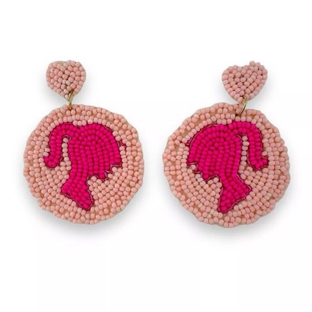 Pink Barbie Silhouette Beaded Embroidered Logo Handmade Dangle Pierced Earrings